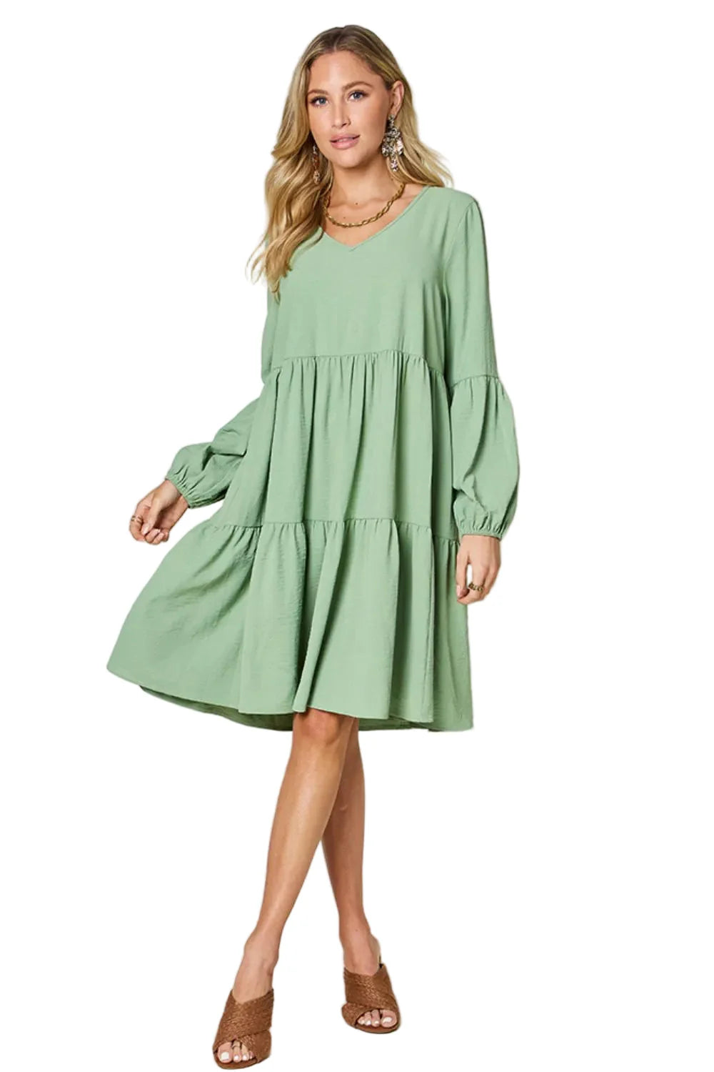 Garden Naked Women's Casual Dress Babydoll Tiered Dress with Pockets Long Sleeve Ruffle Hem Soft Cotton Blend Loose Fit