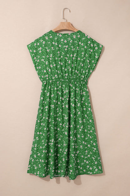 Floral Embroidered Trim V-Neck Drawstring Waist Dress