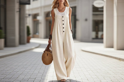 Women's Bohemian Suspender Jumpsuit with Button & Patchwork Detail