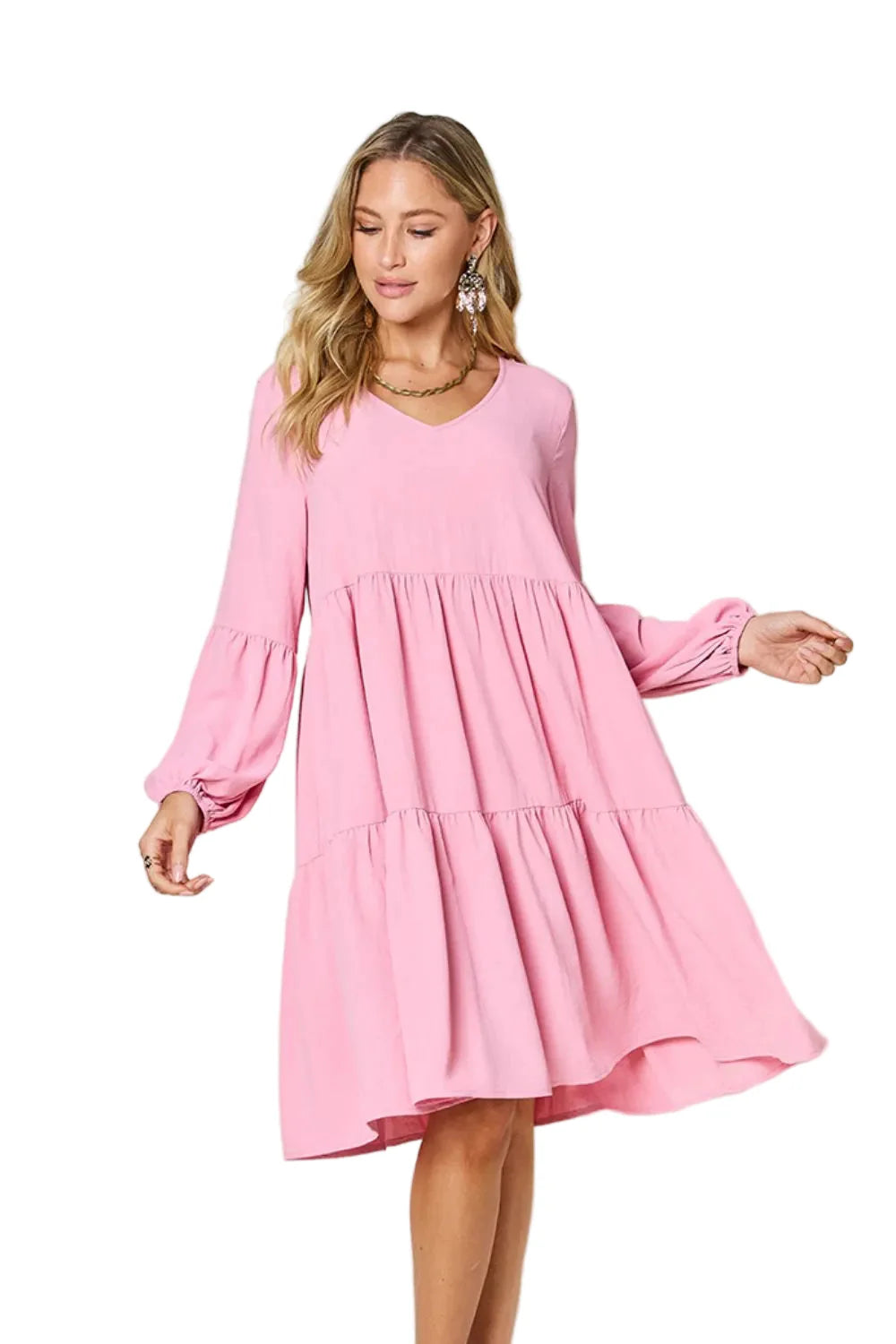 Garden Naked Women's Casual Dress Babydoll Tiered Dress with Pockets Long Sleeve Ruffle Hem Soft Cotton Blend Loose Fit