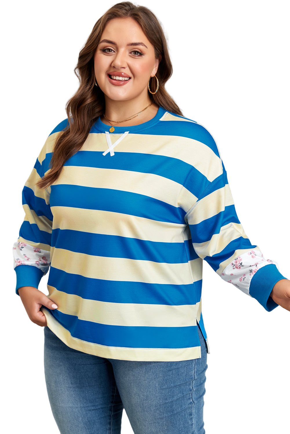 Blue Stripe Floral Color Block Drop Shoulder Plus Size Pullover Top