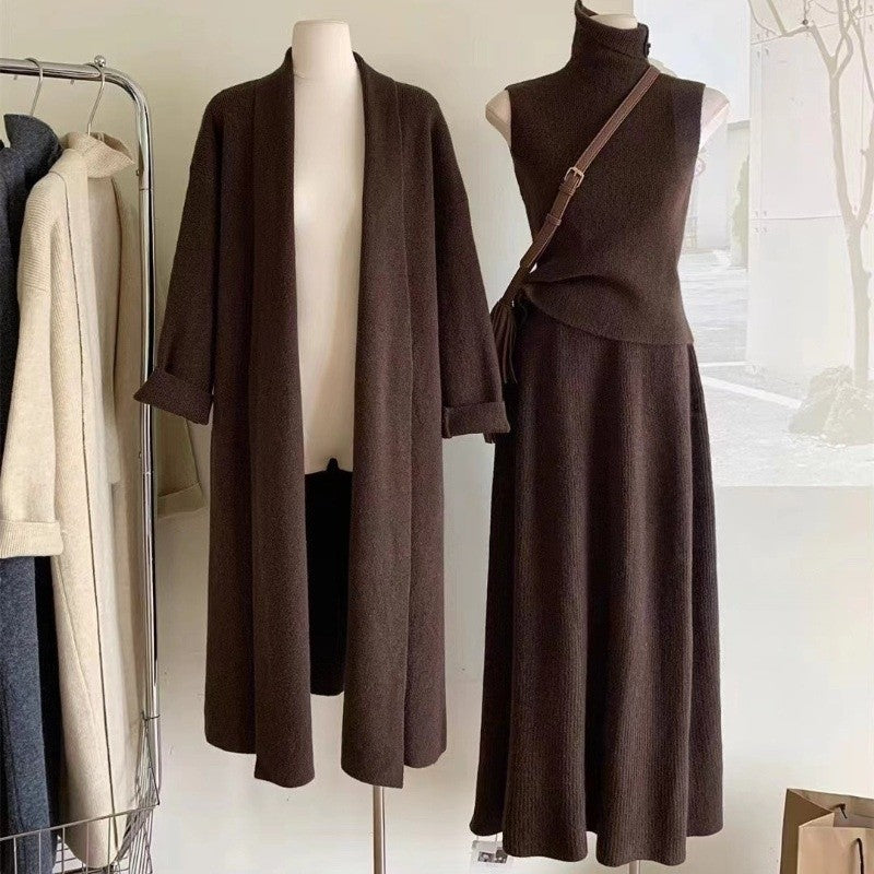 Fashionable Knitted Long Cardigan And Short Sweater Set With Half Skirt