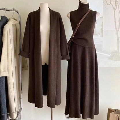 Fashionable Knitted Long Cardigan And Short Sweater Set With Half Skirt