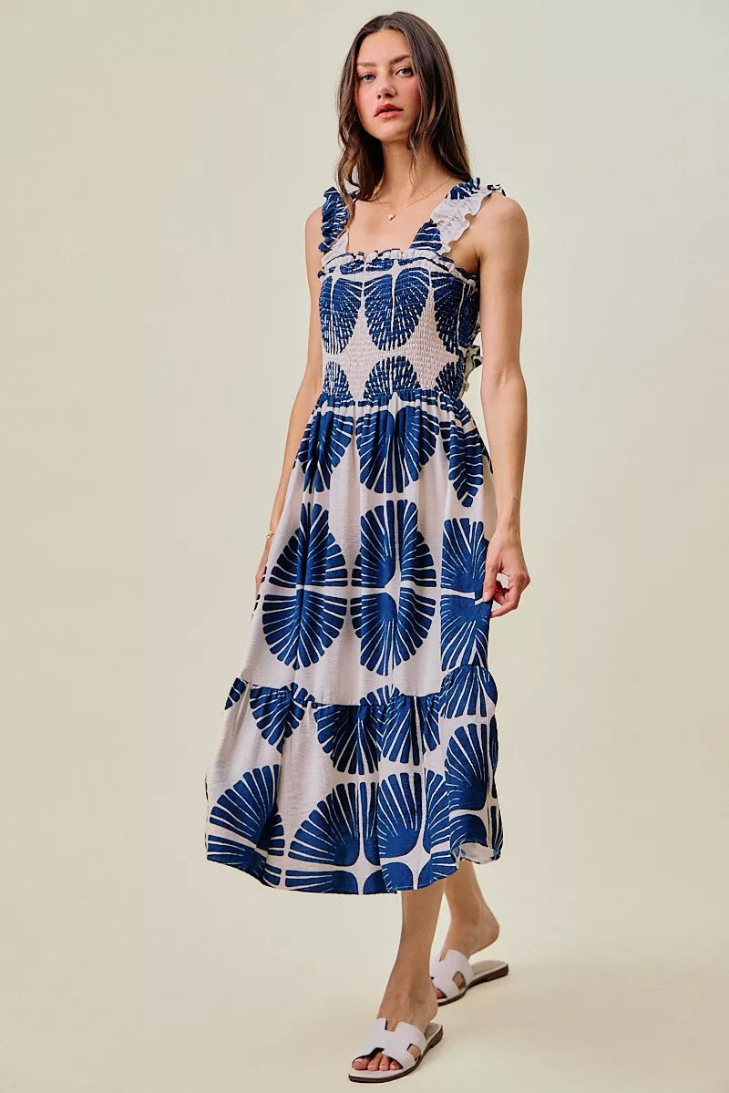 Abstract Print Smocked Bodice Tiered Lined Midi Dress