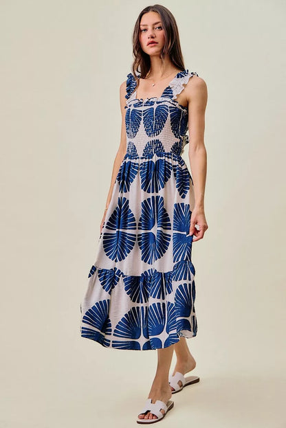 Abstract Print Smocked Bodice Tiered Lined Midi Dress