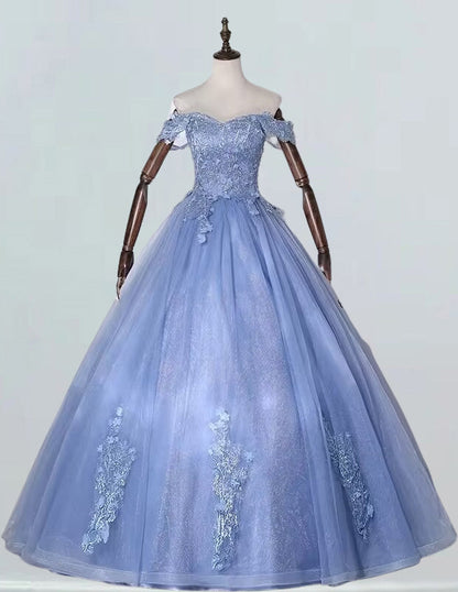 Blue off the shoulder lace applique floor length tulle ball gown quinceanera dress