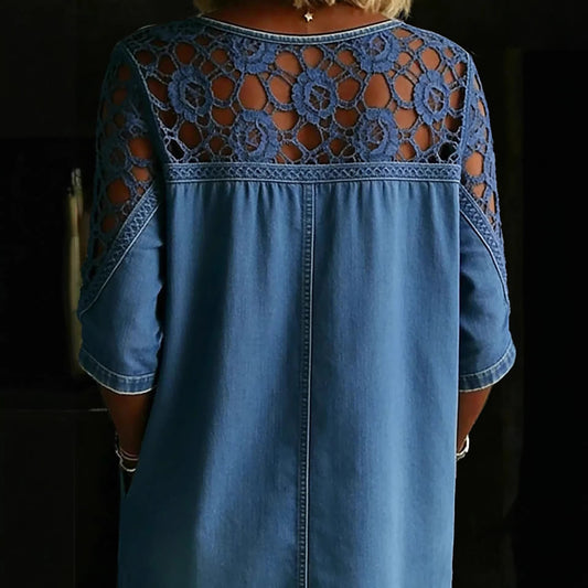 Women’s Loose Fit Hollow-Out Lace Denim Shirt
