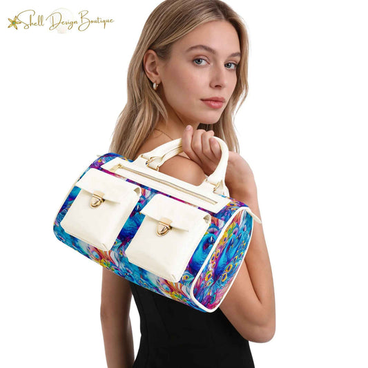 Beautiful Blue Peacock Chubby Multi-Pocket Handbag with Dual Handles