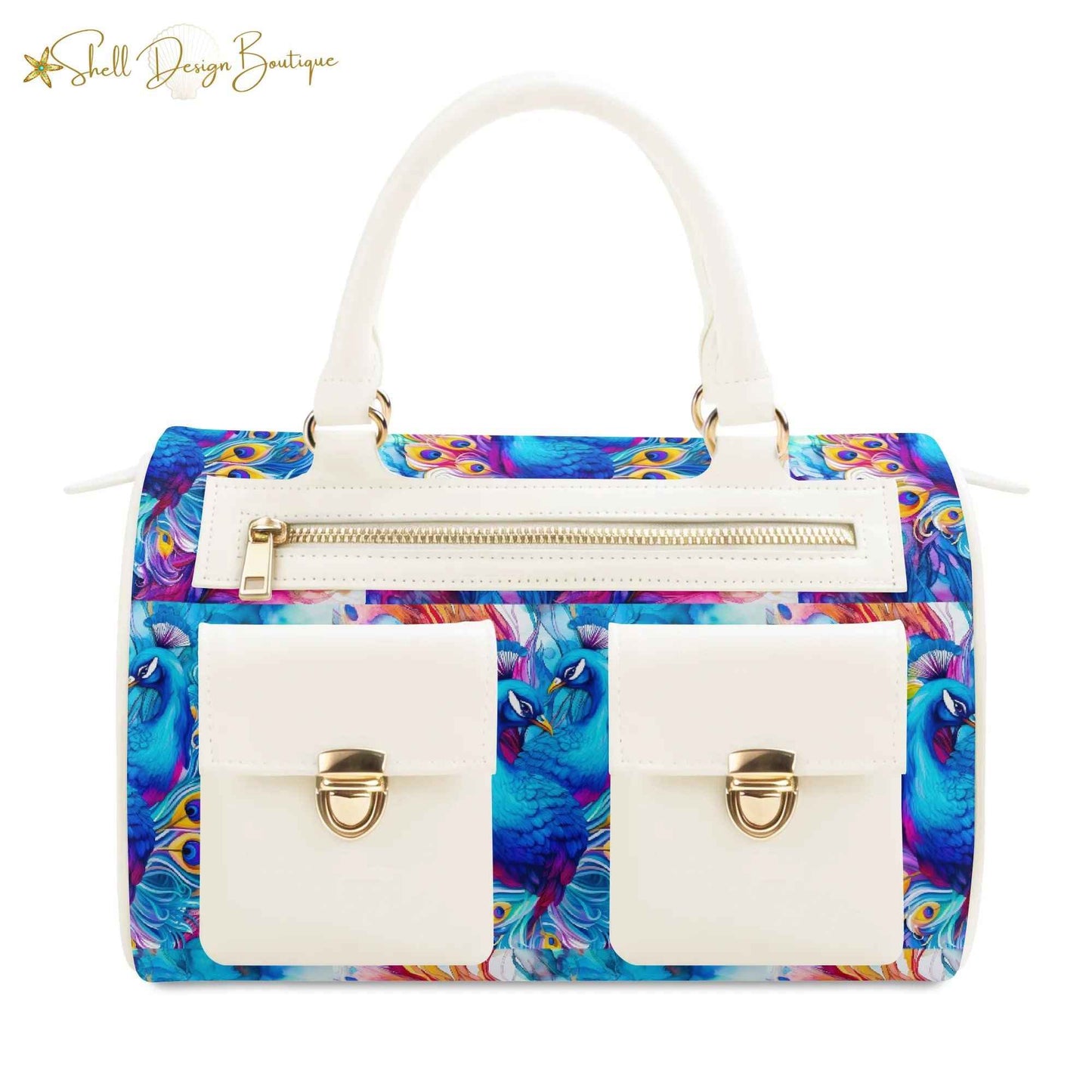 Beautiful Blue Peacock Chubby Multi-Pocket Handbag with Dual Handles
