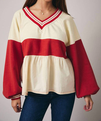 Colorblock V Neck Babydoll Top