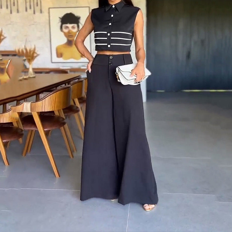 European And American Women's Autumn New Fashion Polo Collar Sleeveless Top Pants Two-piece Suit