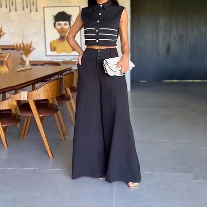 European And American Women's Autumn New Fashion Polo Collar Sleeveless Top Pants Two-piece Suit