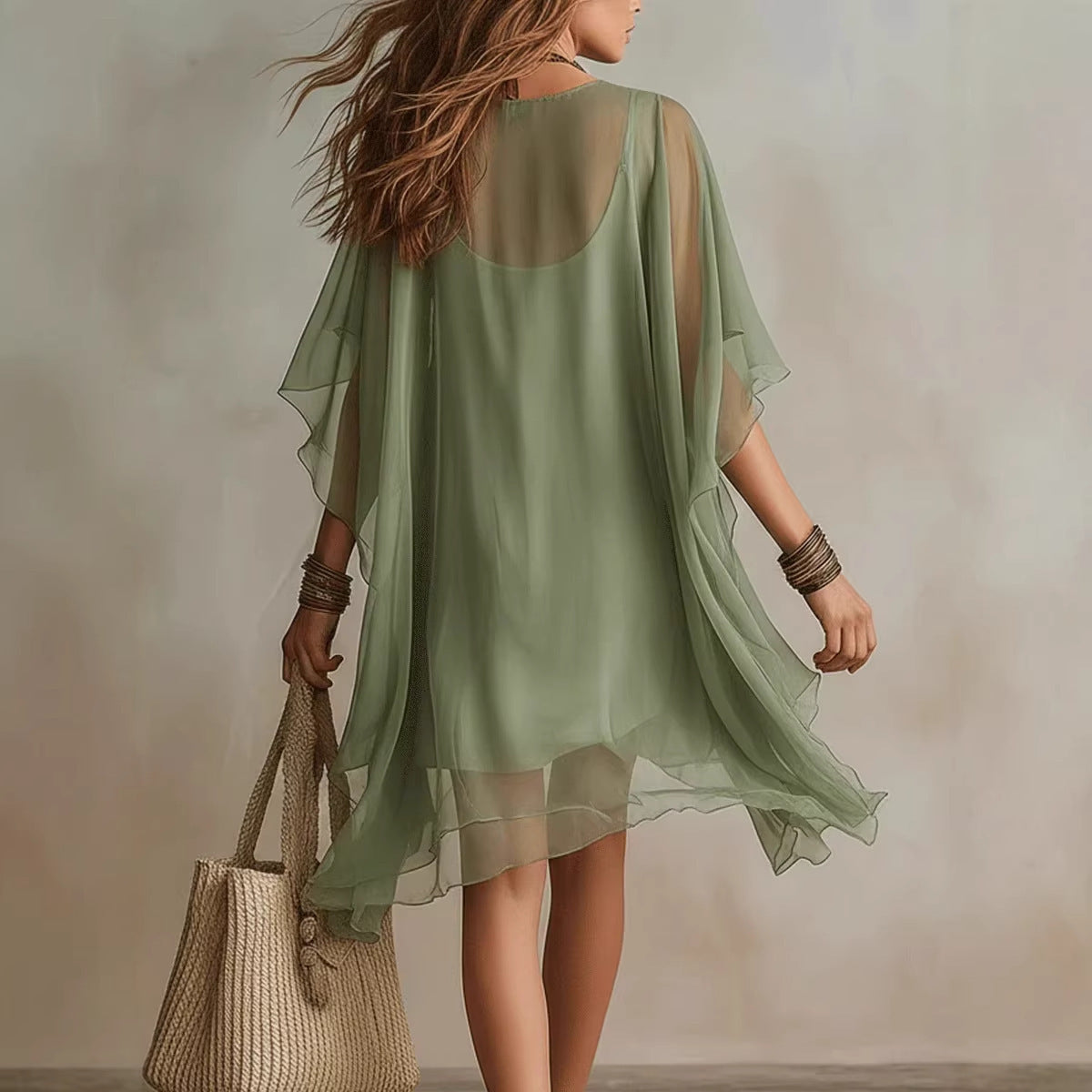 Women's V-Neck Chiffon Batwing Sleeve Boho Resort Dress