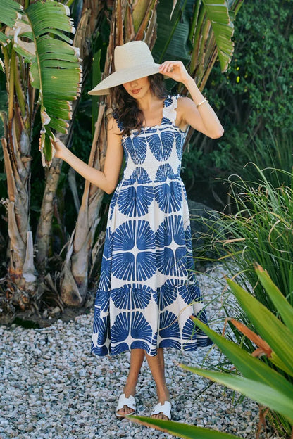 Abstract Print Smocked Bodice Tiered Lined Midi Dress