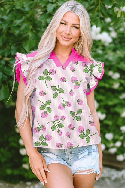 Stripe Strawberry Patchwork Flutter Sleeve V-Neck Blouse