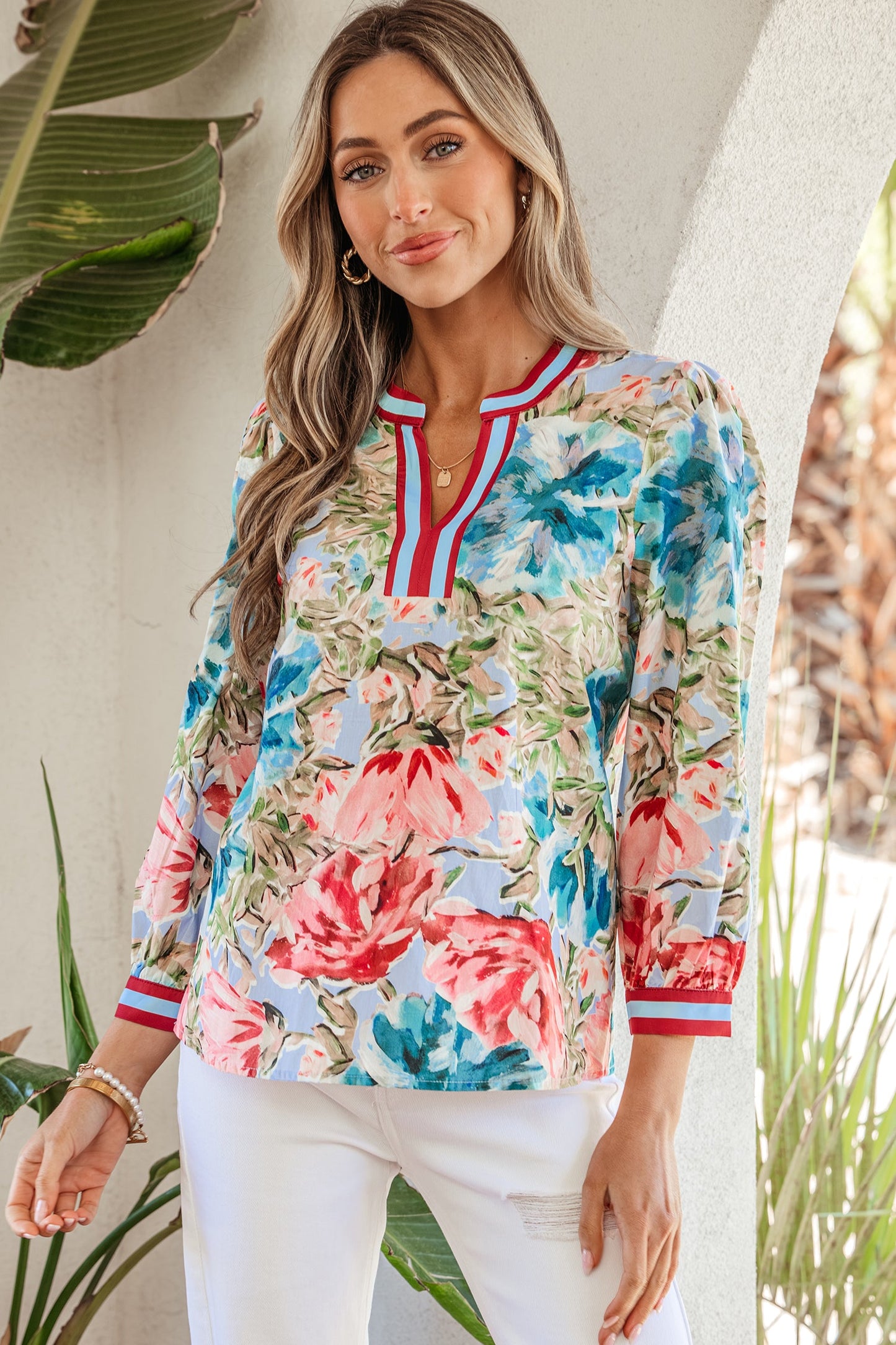 Floral Contrast Trim V-Neck Cuffed 3/4 Sleeve Blouse