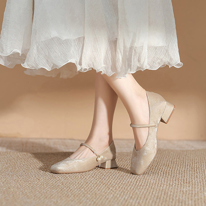 Women's Chinese-Style Square-Toe Mary Jane Flats – Microfiber Chunky-Heel Casual Shoes