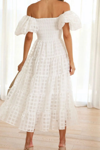 Off Shoulder Short Puff Sleeve Midi Dress