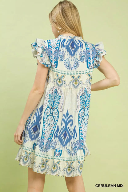 Umgee Mix Ruffle Sleeve Boho Print Dress