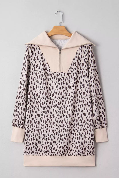 Leopard Print Zip up Collar Patchwork Shift Mini Dress