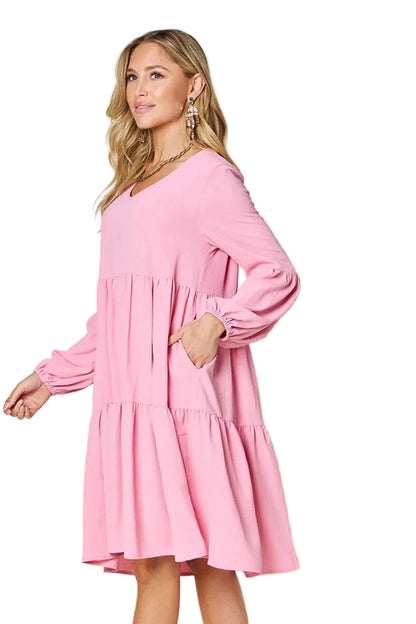 Garden Naked Women's Casual Dress Babydoll Tiered Dress with Pockets Long Sleeve Ruffle Hem Soft Cotton Blend Loose Fit