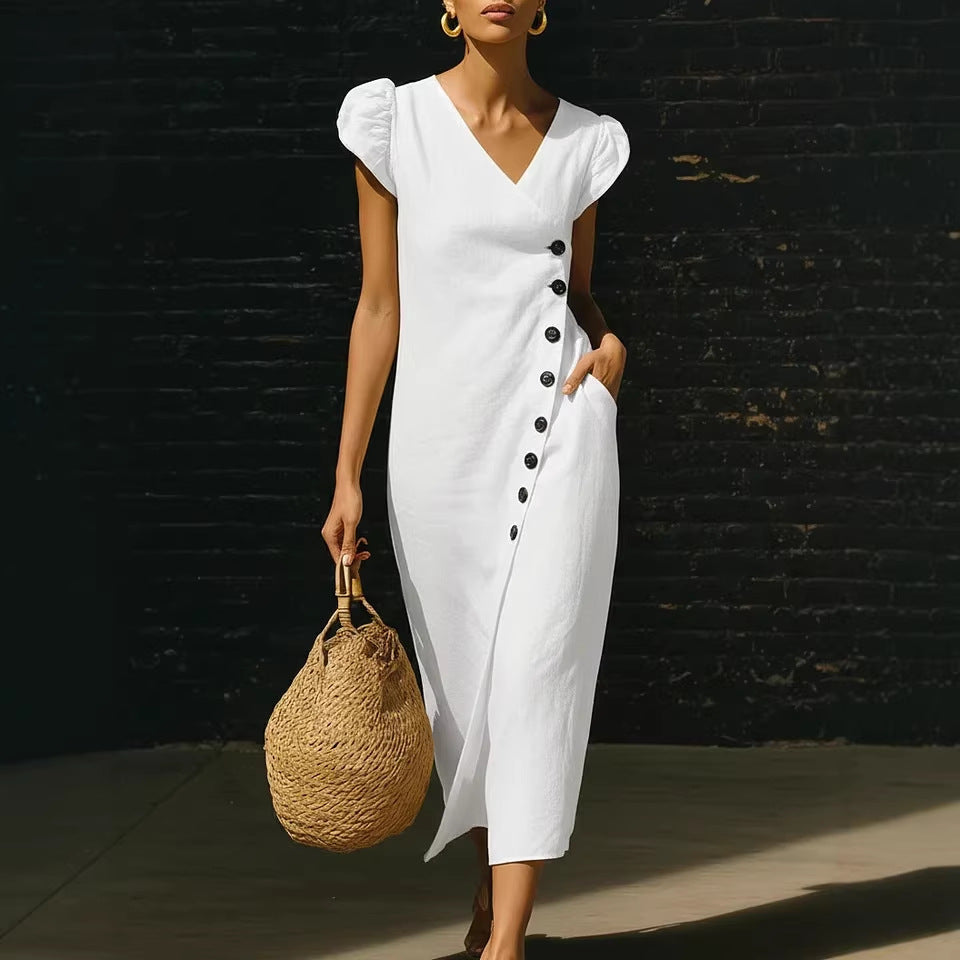 Women’s Casual V-Neck Short Sleeve Midi Dress