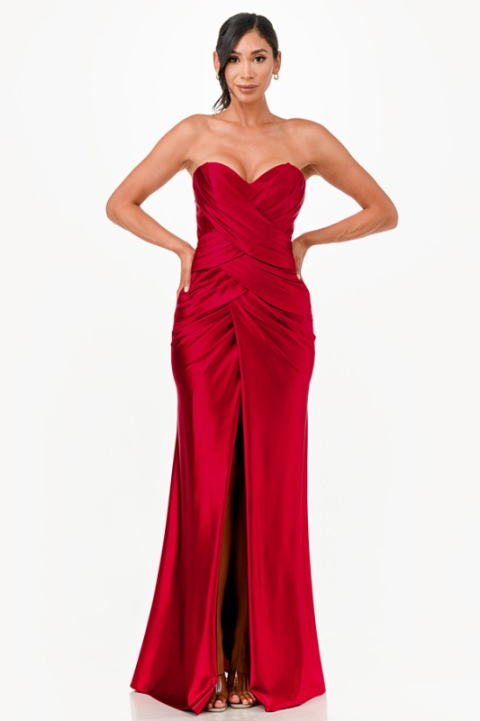 Tucked and ruched sweetheart satin dress with fitted slit skirt