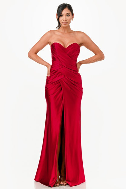 Tucked and ruched sweetheart satin dress with fitted slit skirt