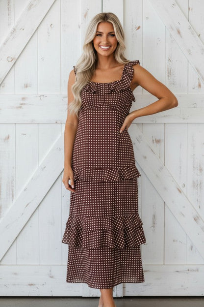 Polka Dot Backless Ruffle Tiered Maxi Dress See size chart under “more details”