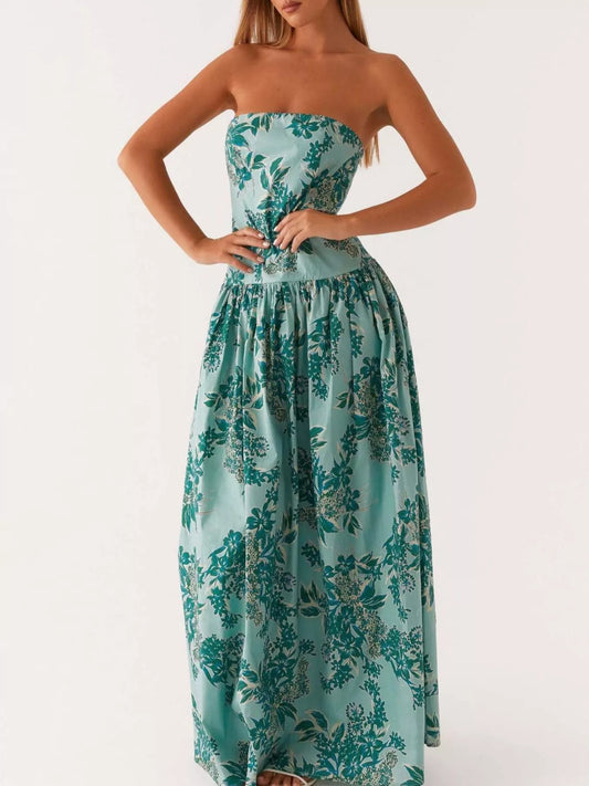 Ruched Printed Tube Maxi Dress