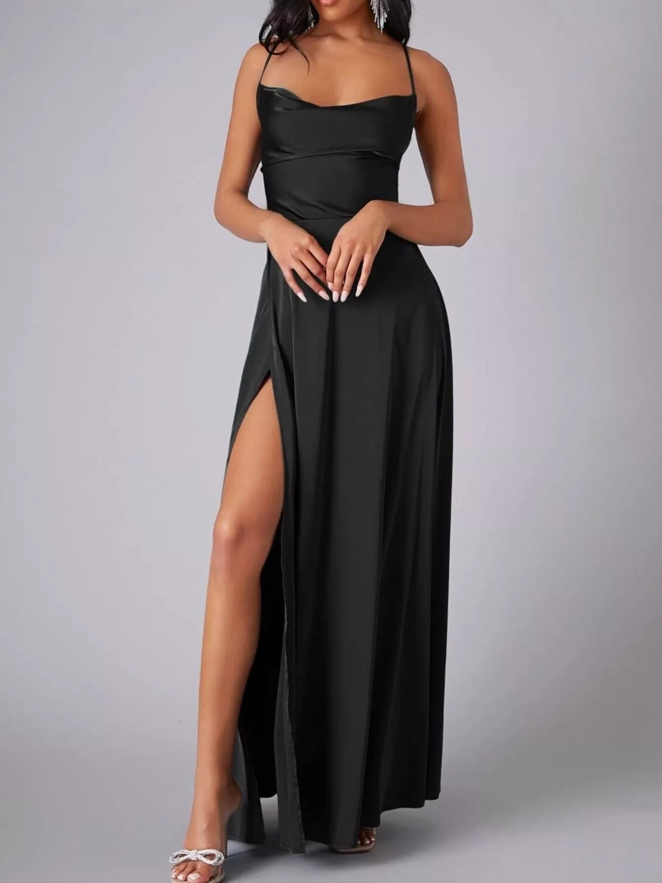 Lace Up Back Split Maxi Dress
