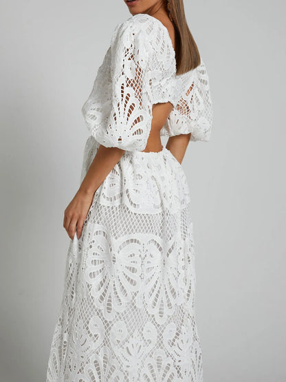 Cutout Back Lace Crochet V-Neck Dress