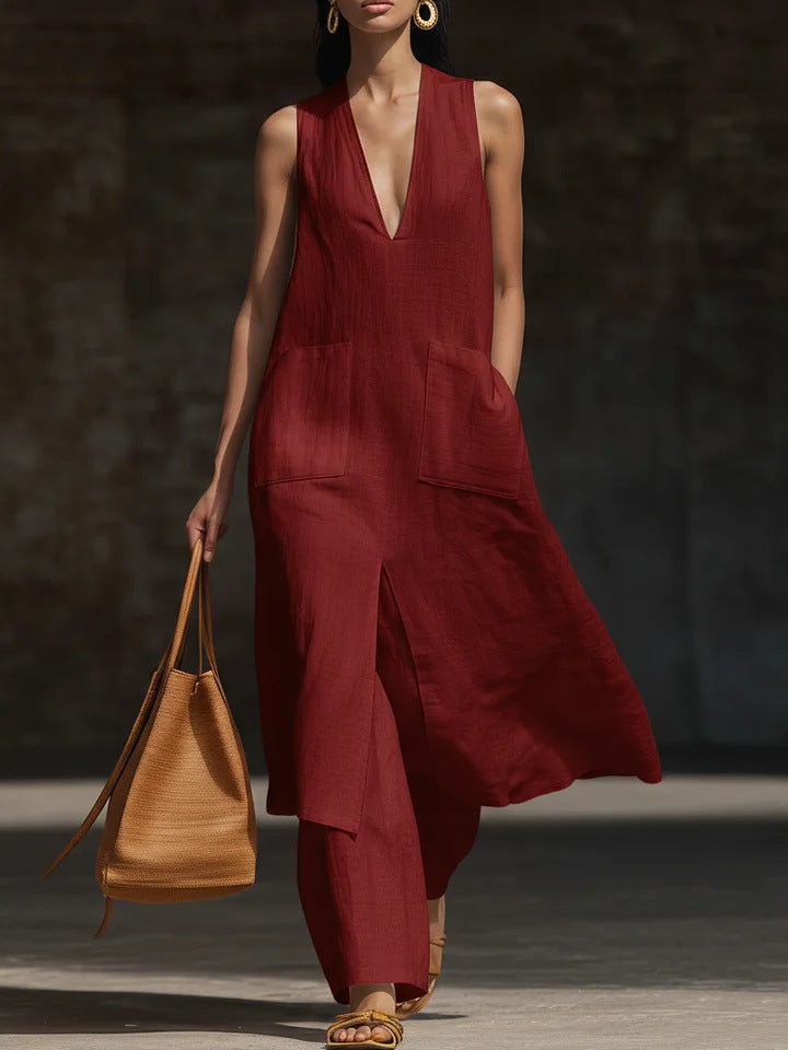 Women's V-Neck Sleeveless Linen Dress Set – Casual Chic