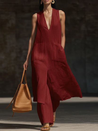 Women's V-Neck Sleeveless Linen Dress Set – Casual Chic