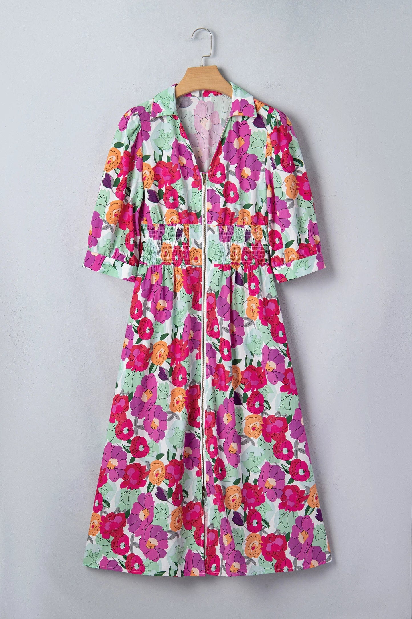Floral Zip-Up V-Neck Short Puff Sleeve Dress