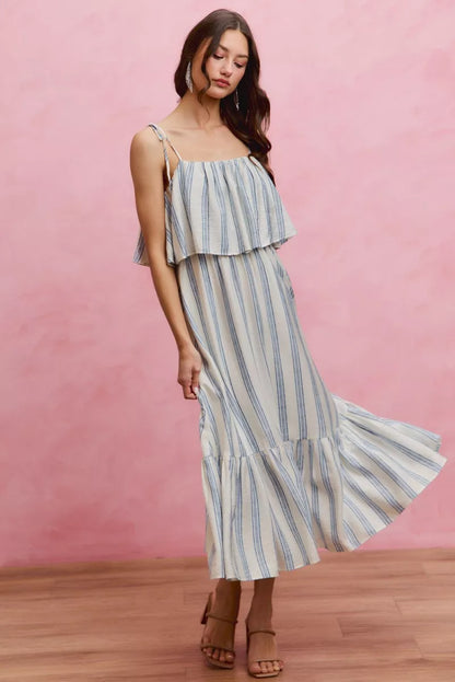 Stripe Tiered Shoulder Tie Midi Lined Dress