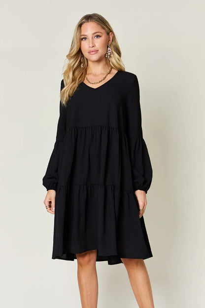 Garden Naked Women's Casual Dress Babydoll Tiered Dress with Pockets Long Sleeve Ruffle Hem Soft Cotton Blend Loose Fit
