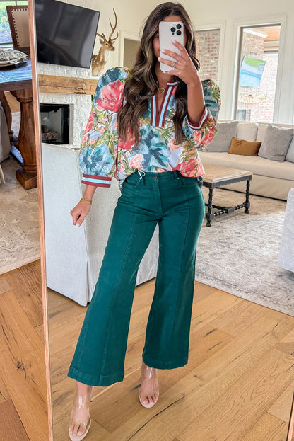 Floral Contrast Trim V-Neck Cuffed 3/4 Sleeve Blouse