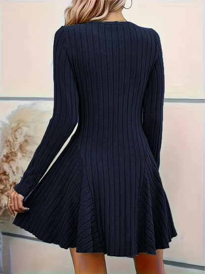 Ribbed Knit Long Sleeve A-Line Dress