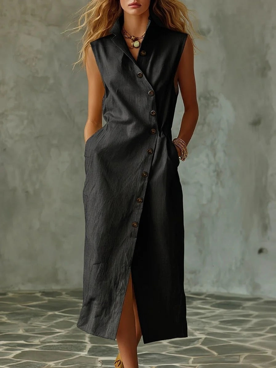 Women's Slim-Fit Sleeveless Stand Collar Pleated Midi Dress