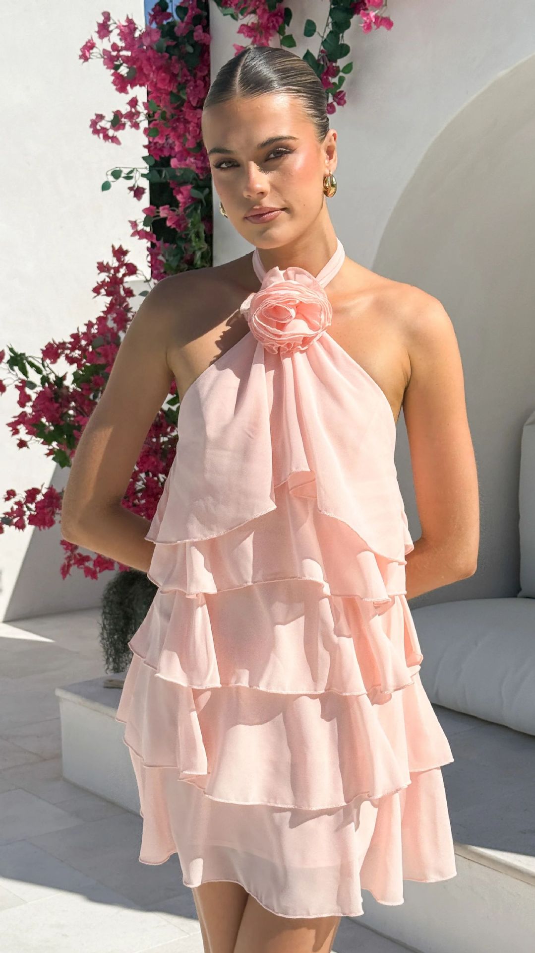 Neck-hanging 3D Floral-decorated Layered Ruffle Dress