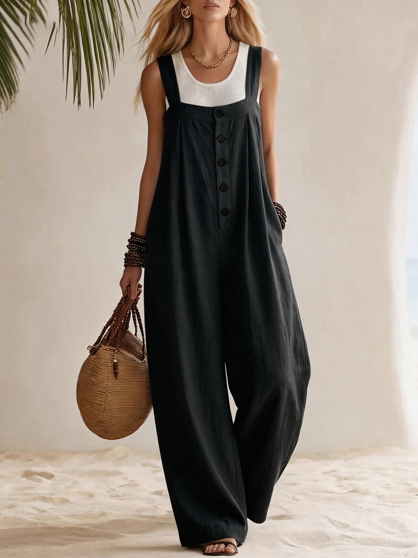 Women's Bohemian Suspender Jumpsuit with Button & Patchwork Detail