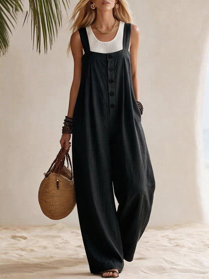 Women's Bohemian Suspender Jumpsuit with Button & Patchwork Detail