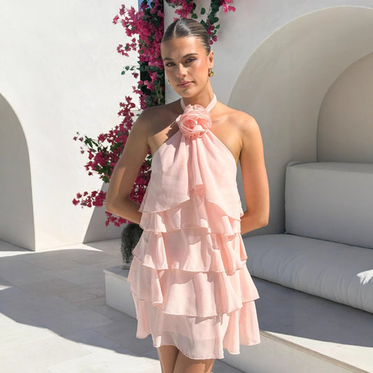 Neck-hanging 3D Floral-decorated Layered Ruffle Dress