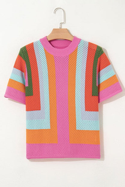 Colorblock Eyelet Short Sleeve Sweater T-Shirt