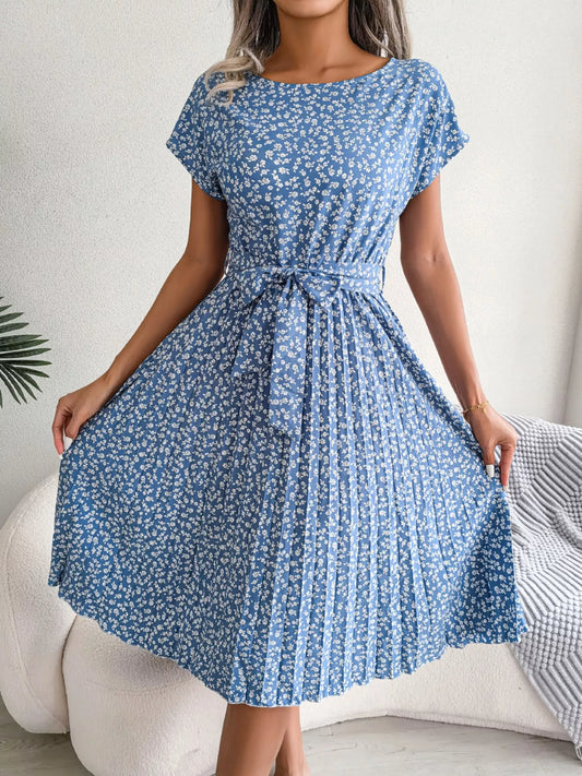 Women's Floral Pleated Midi Dress with Belt – Casual Spring Style