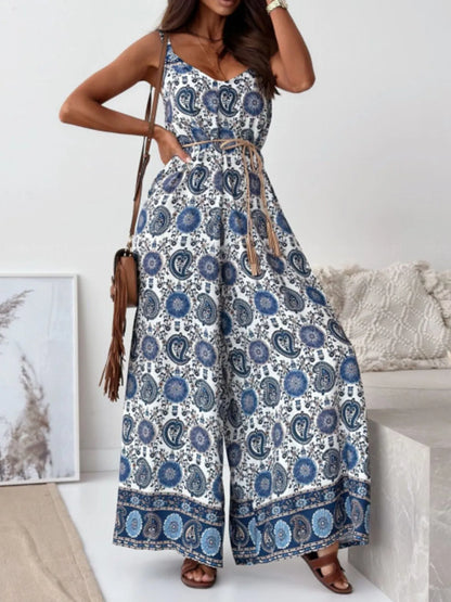 Paisley Print Spaghetti Strap Wide Leg Jumpsuit