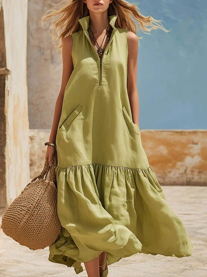 Women's Sleeveless Resort Dress – Loose Fit Zipper Detail