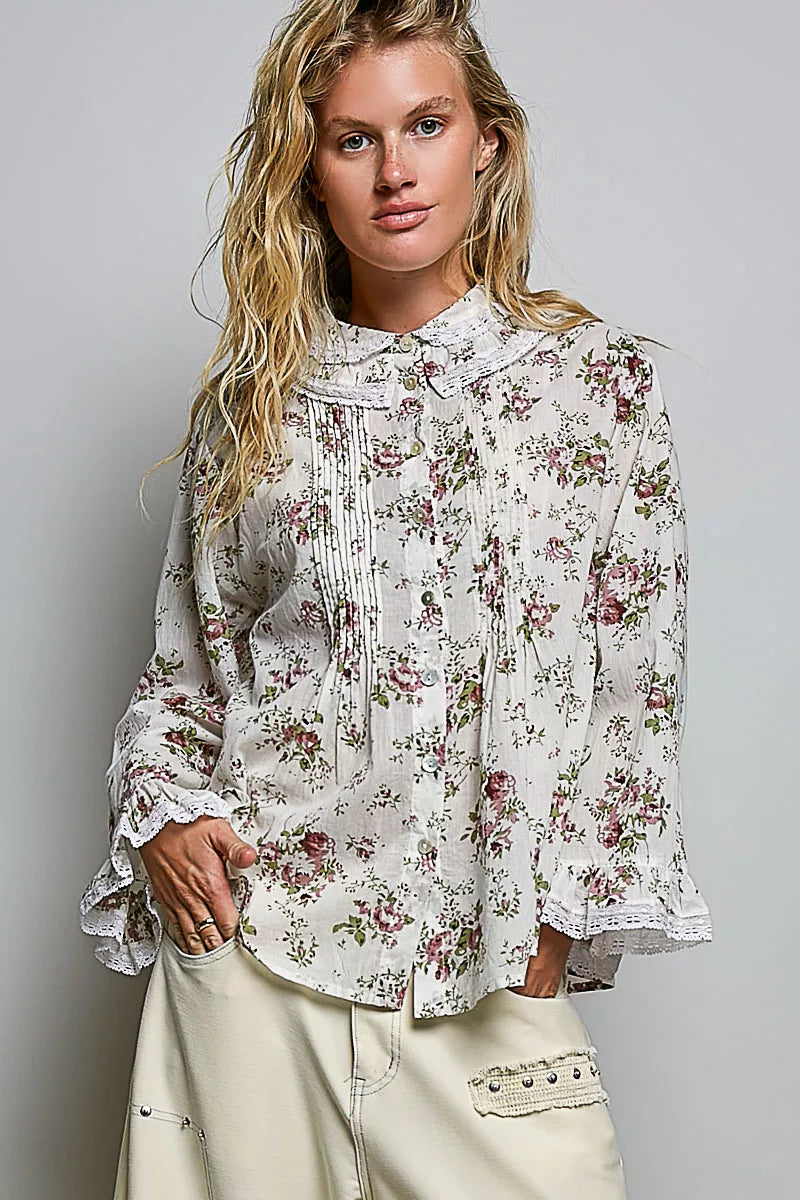 POL Floral Lace Trim Pintuck Button-Down Shirt