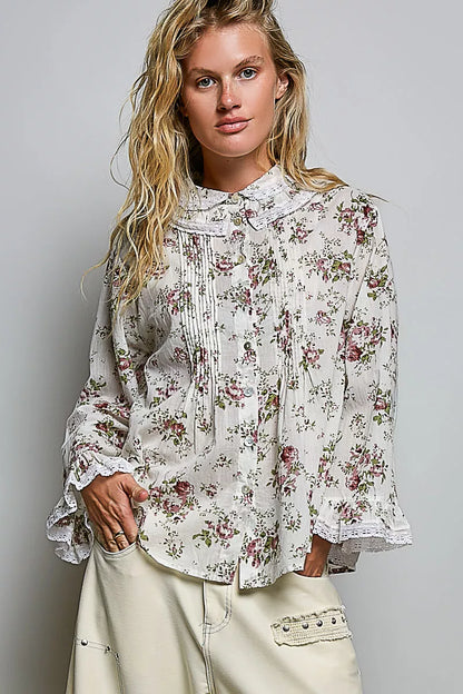 POL Floral Lace Trim Pintuck Button-Down Shirt